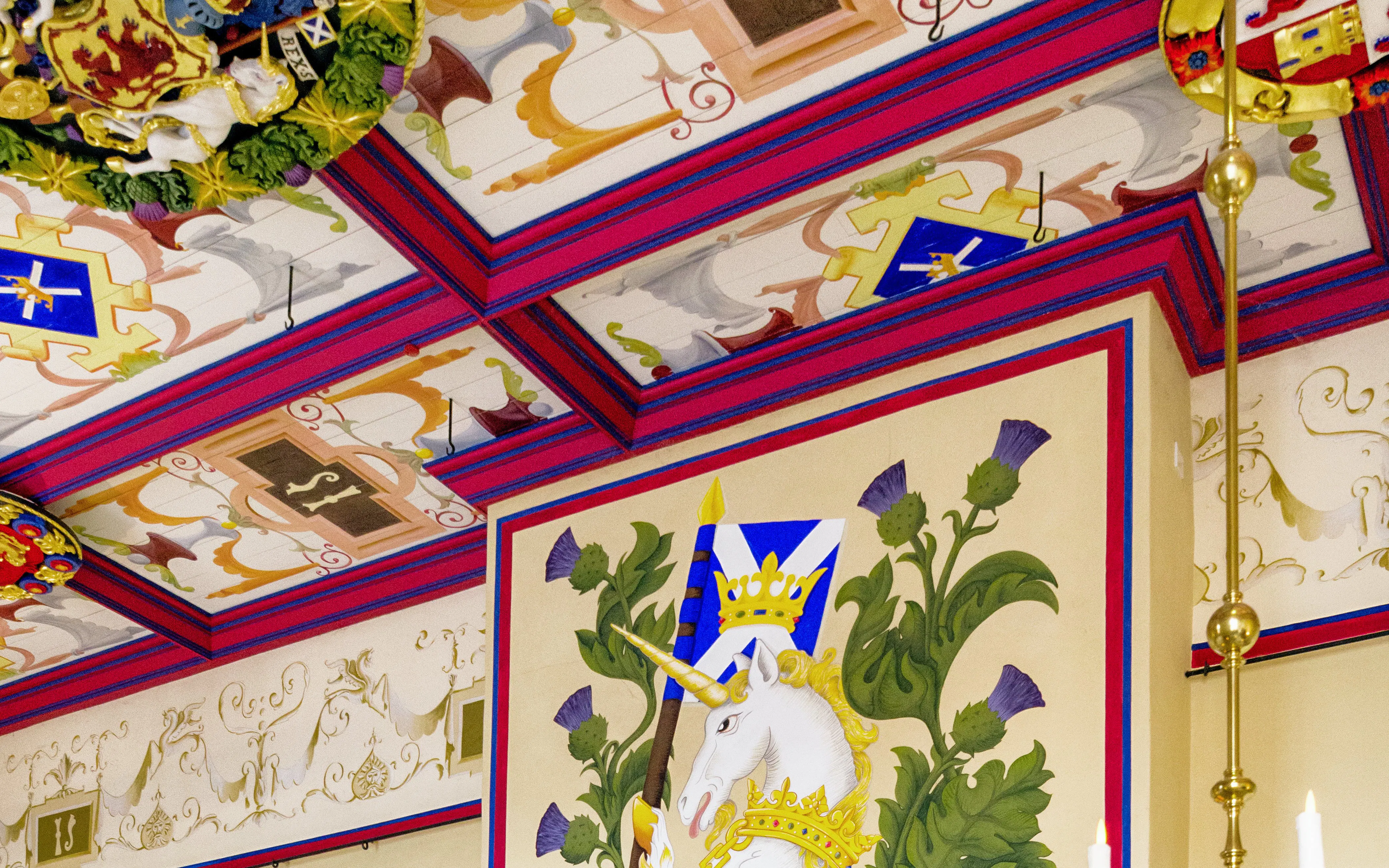 Stirling Castle medieval room ceiling with unicorn and thistle motifs, Scotland.