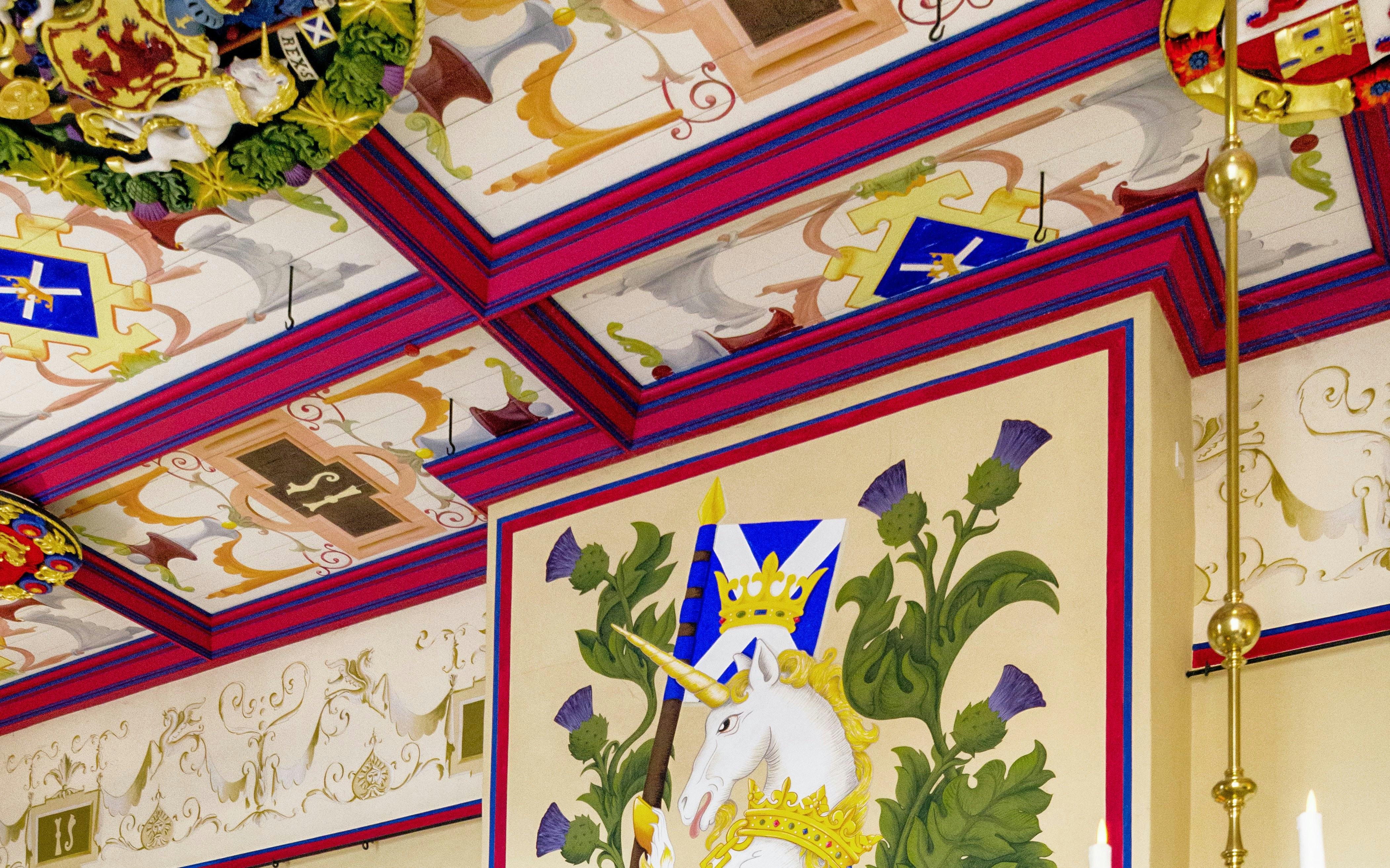 Stirling Castle medieval room ceiling with unicorn and thistle motifs, Scotland.