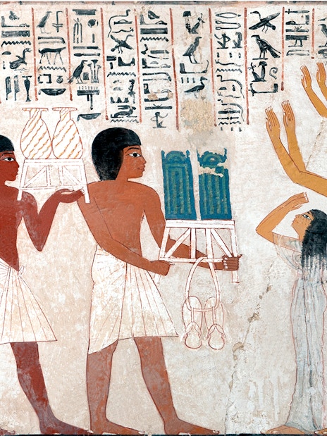 Ancient Egyptian funeral procession with hieroglyphics, Egypt.