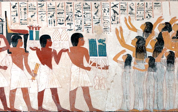 Ancient Egyptian funeral procession with hieroglyphics, Egypt.