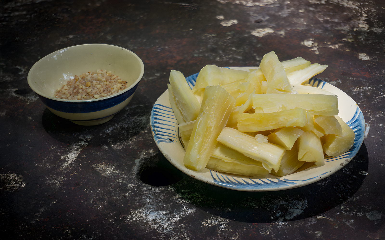 Sugarcane and peanuts served at Cu Chi Tunnel, Vietnam.