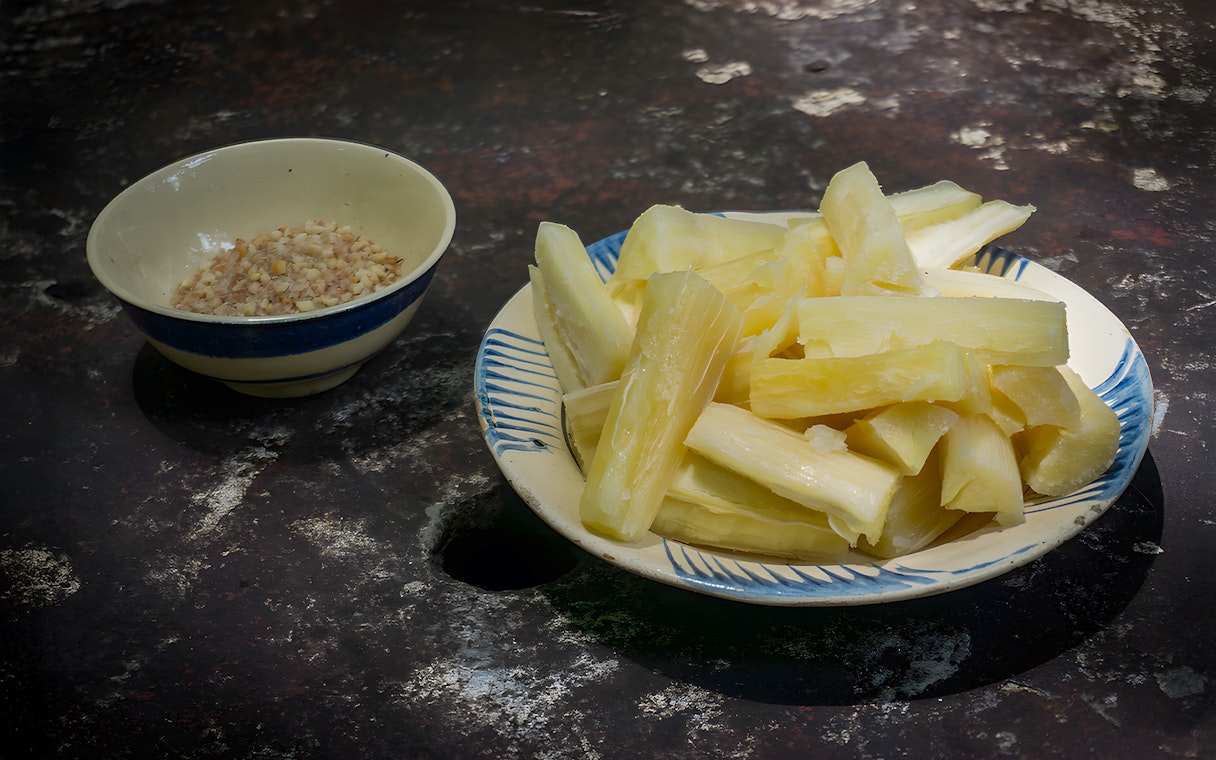 Sugarcane and peanuts served at Cu Chi Tunnel, Vietnam.