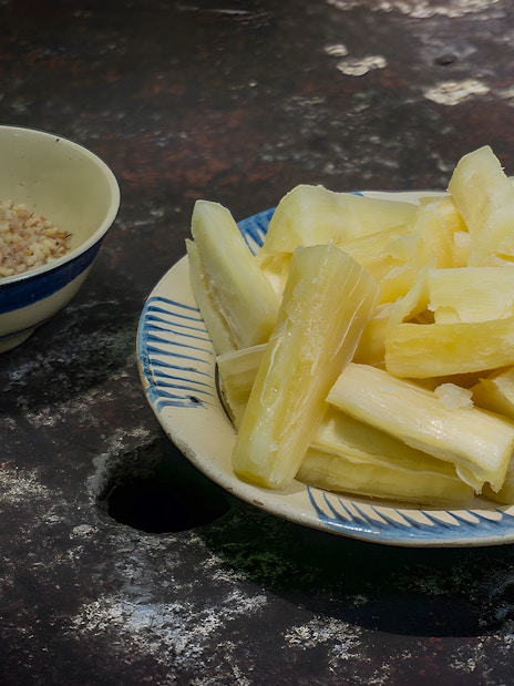 Sugarcane and peanuts served at Cu Chi Tunnel, Vietnam.