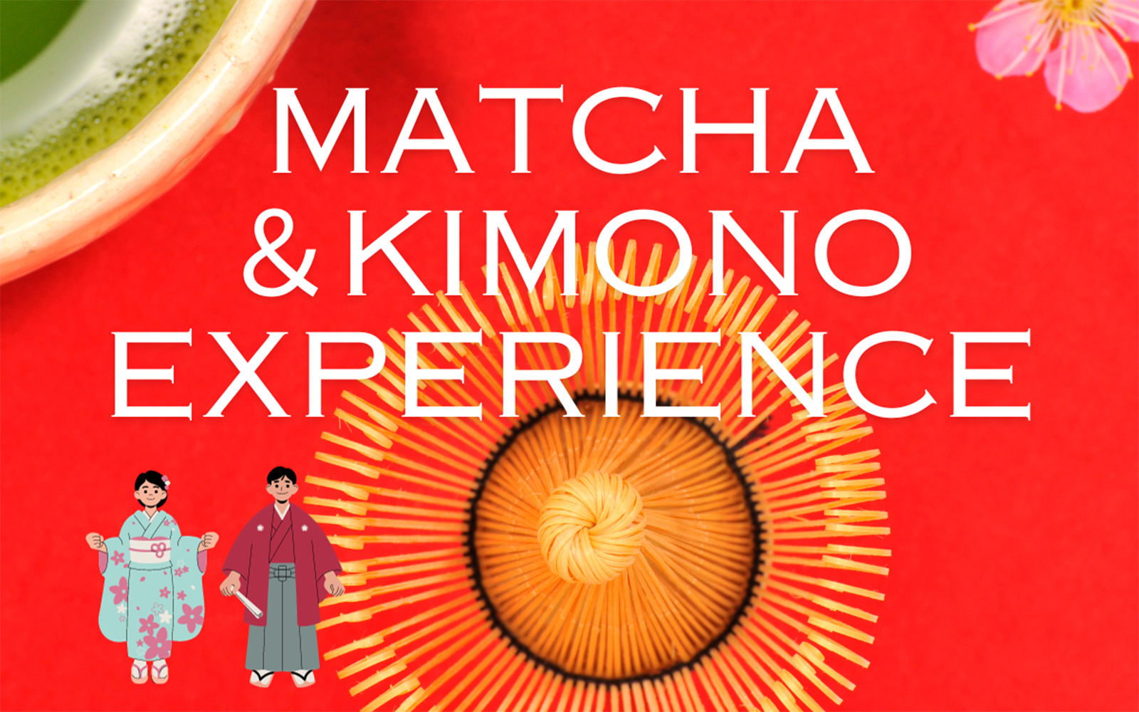 Tokyo Matcha and Kimono Experience with traditional tea whisk and kimono illustrations.
