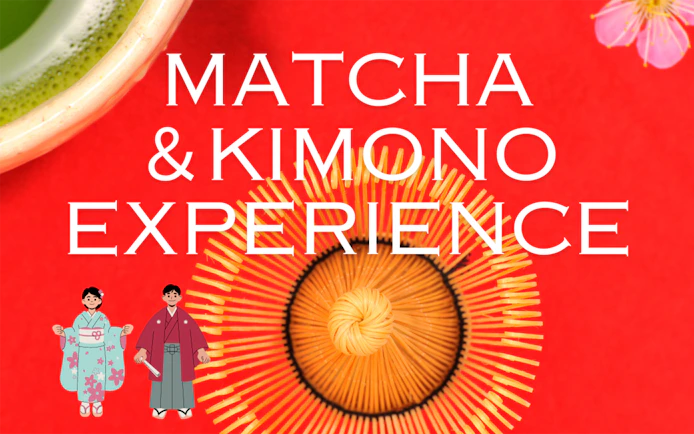 Tokyo Matcha and Kimono Experience with traditional tea whisk and kimono illustrations.