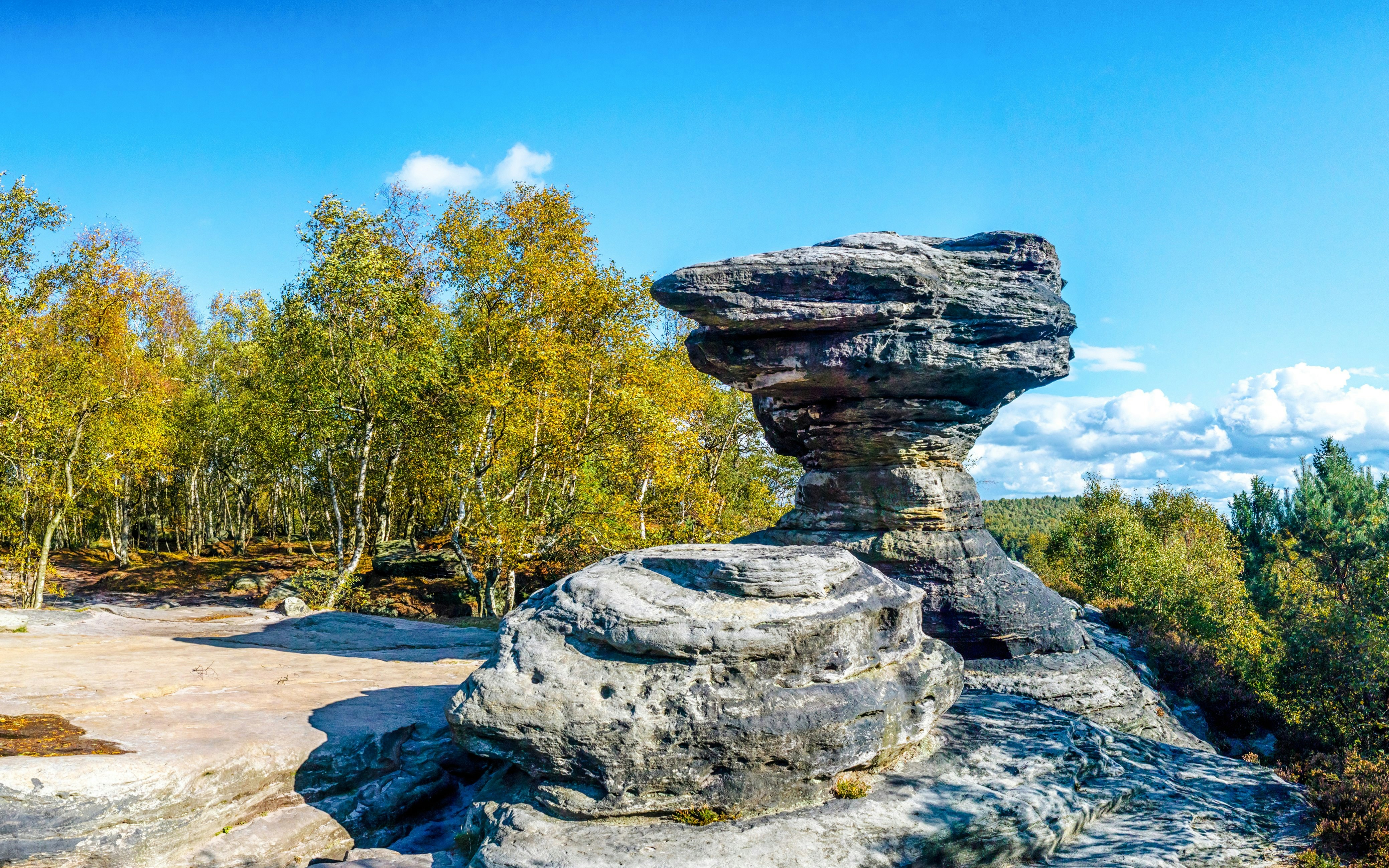 Sandstone formations at Tisa Rocks with surrounding forest under a clear blue sky.