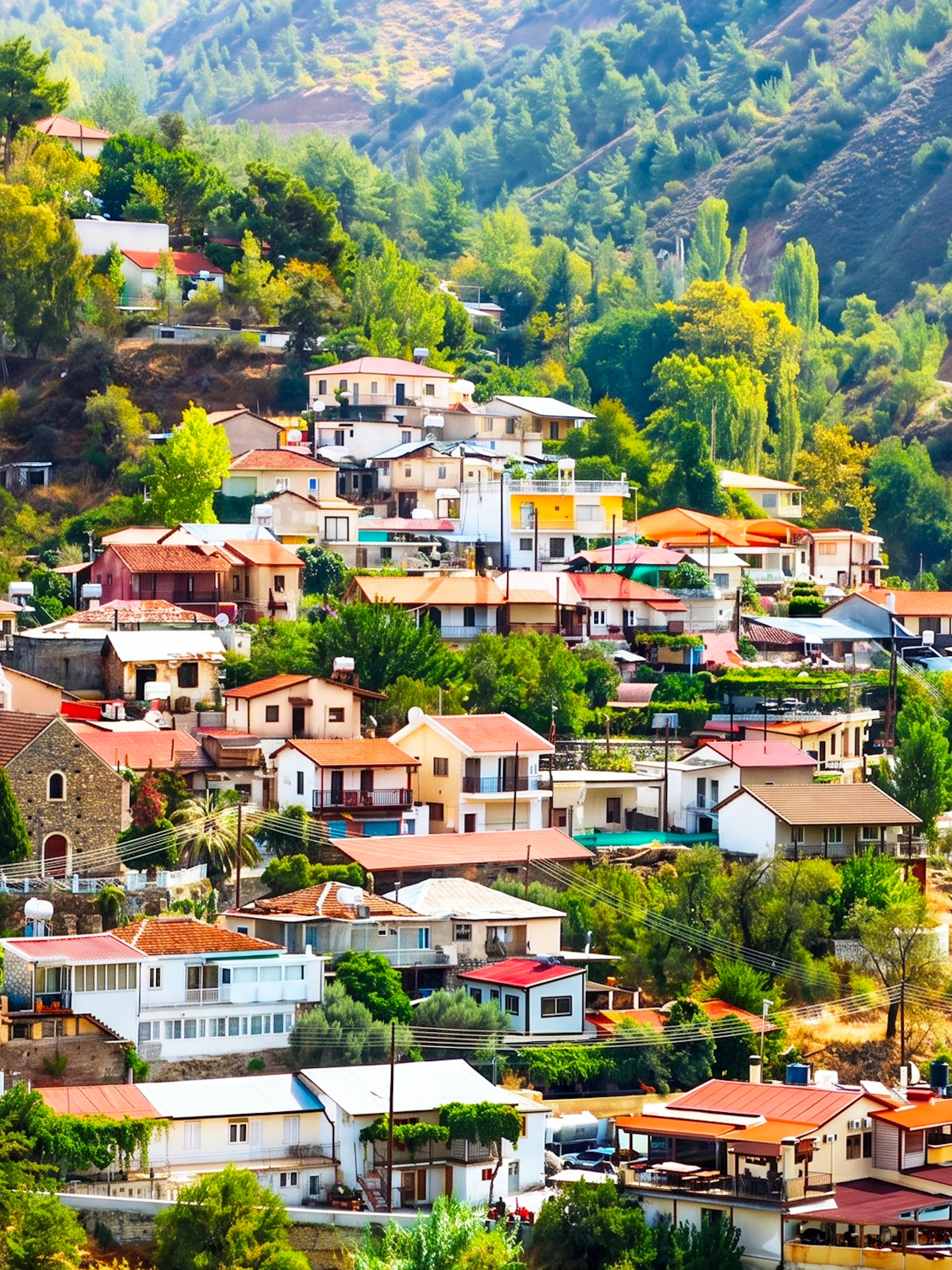 Troodos Mountains village with colorful houses surrounded by lush greenery, Cyprus.