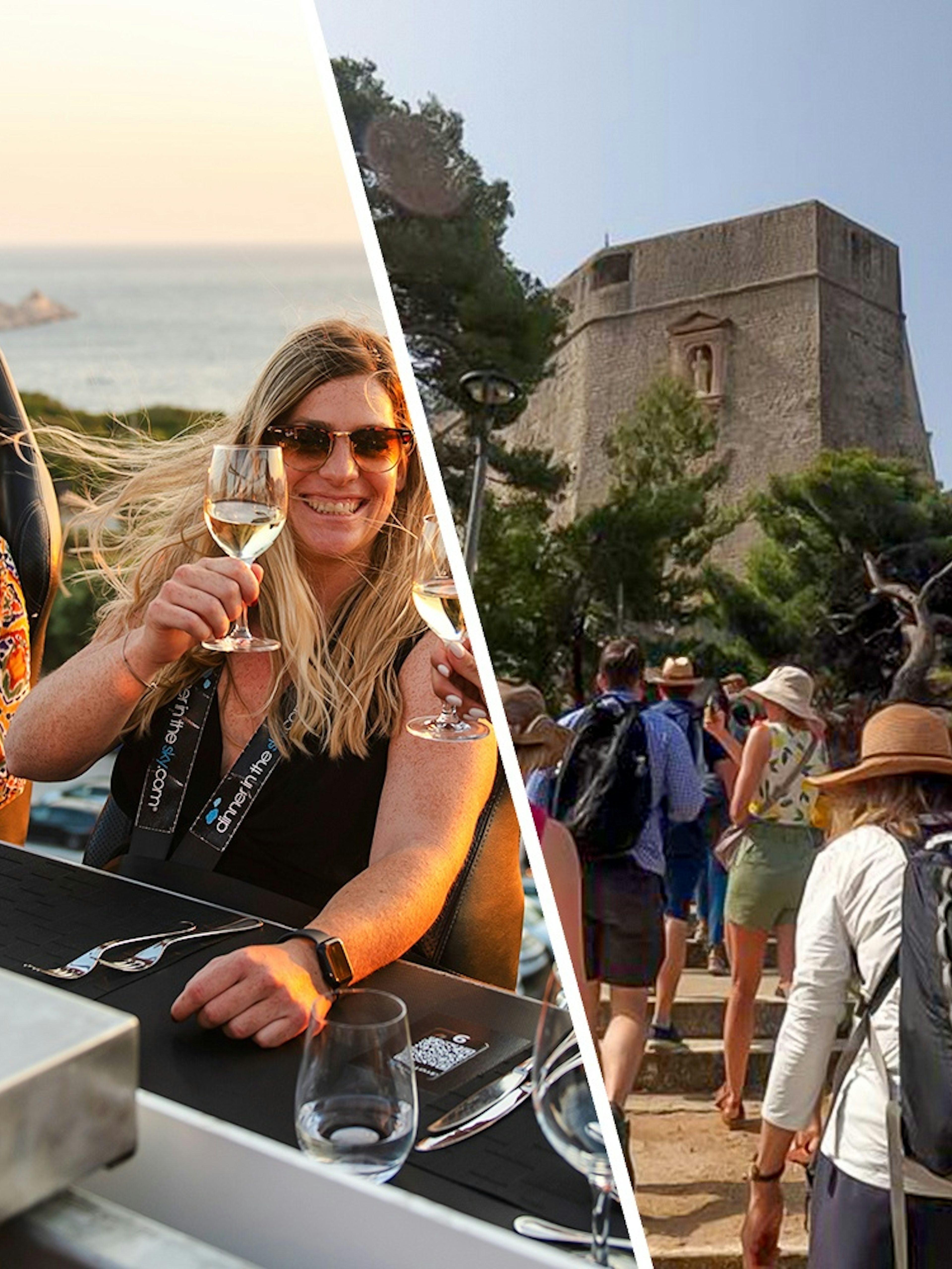 Dinner in the Sky Dubrovnik with guests enjoying wine; Game of Thrones tour group near historic tower.