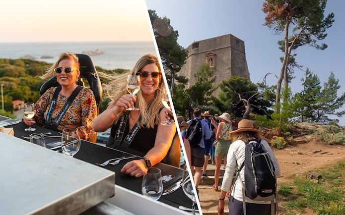 Dinner in the Sky Dubrovnik with guests enjoying wine; Game of Thrones tour group near historic tower.