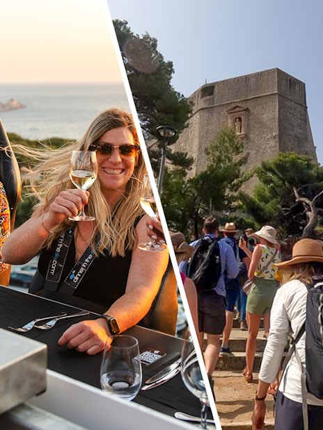 Dinner in the Sky Dubrovnik with guests enjoying wine; Game of Thrones tour group near historic tower.