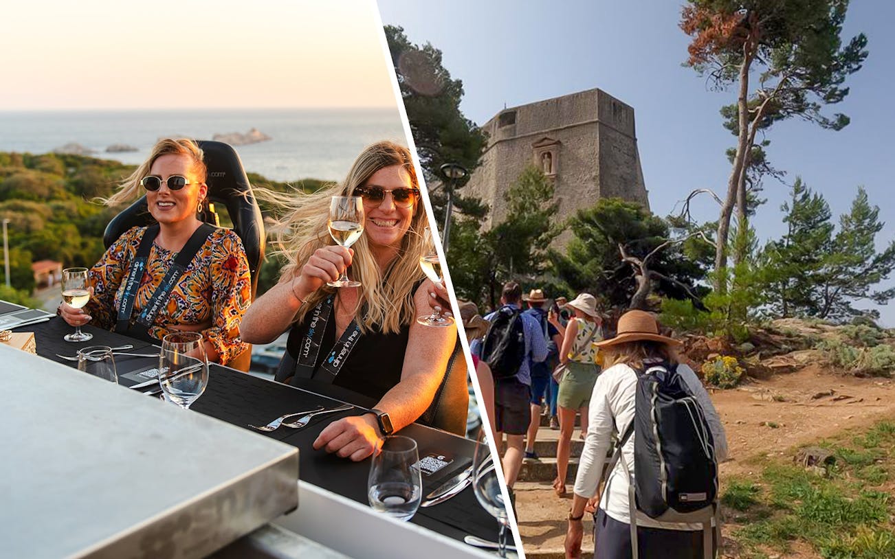 Dinner in the Sky Dubrovnik with guests enjoying wine; Game of Thrones tour group near historic tower.