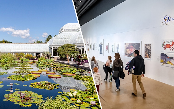 New York Botanical Garden pond and visitors at American Museum of Natural History exhibit.