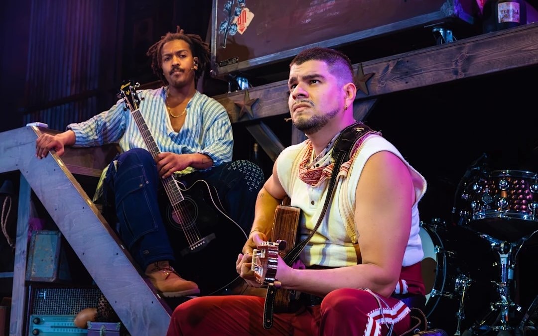 Musicians performing in Mexodus the Musical on Broadway stage.