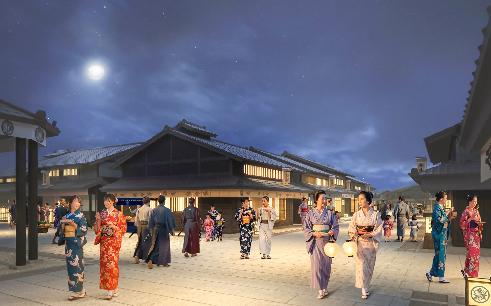 Night scene at TOEI Kyoto Studio Park with people in traditional kimonos walking under a full moon.