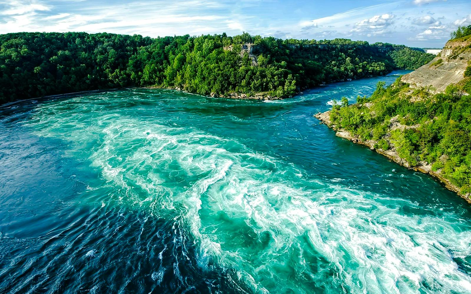 Niagara Falls State Park river view with surrounding lush greenery.