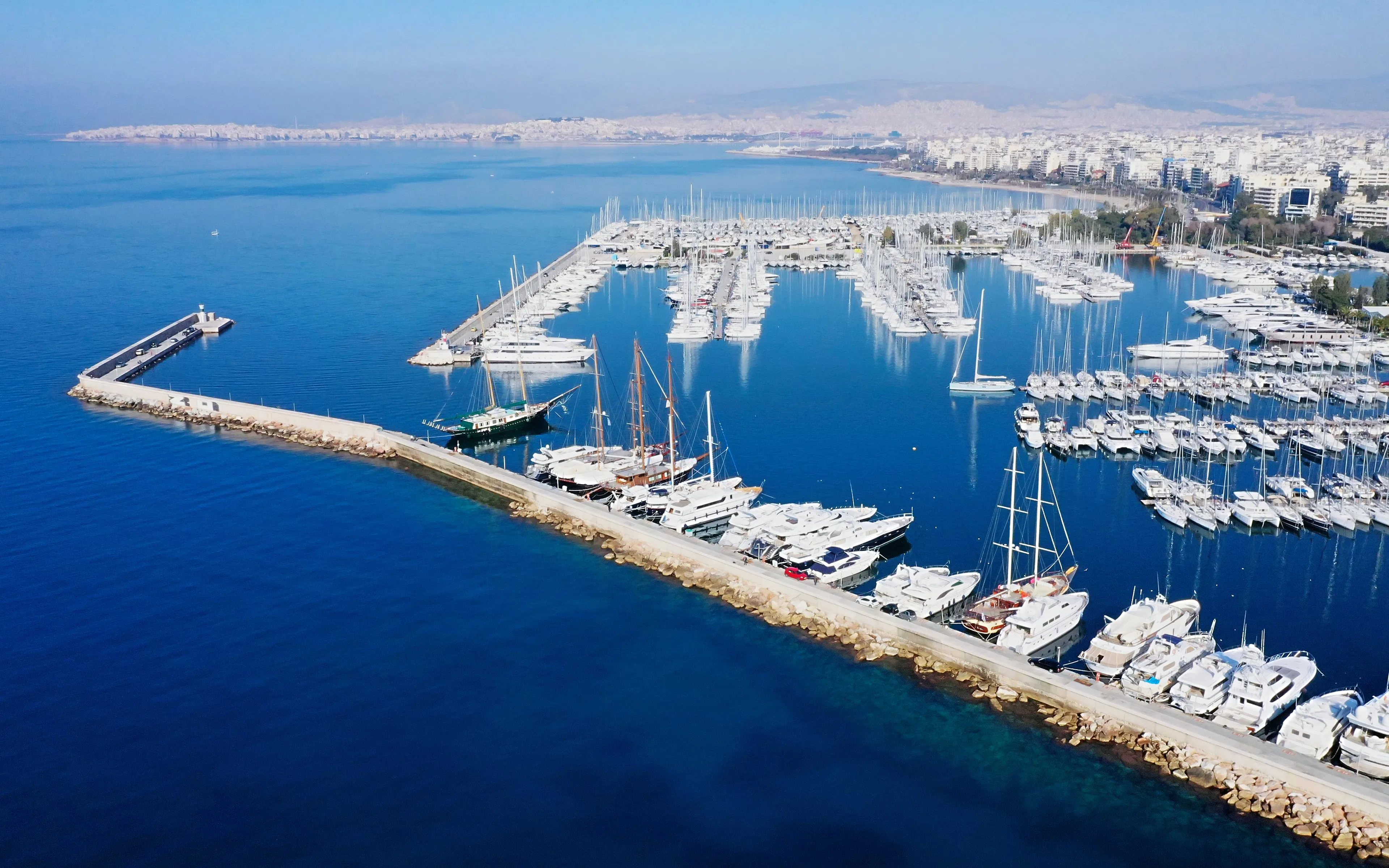 Aerial view of Alimos marina with yachts and sailboats, Athens Riviera, Greece.