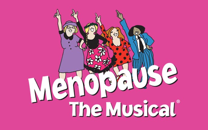 Illustration of four women celebrating Menopause the Musical on a pink background.