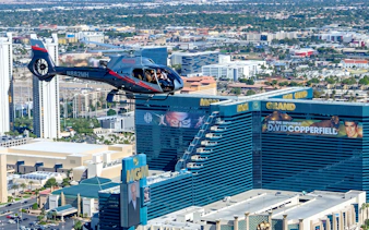 Helicopter flying over MGM Grand in Las Vegas during 60-min Red Rock Canyon tour.