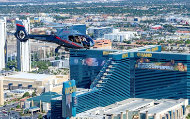 Helicopter flying over MGM Grand in Las Vegas during 60-min Red Rock Canyon tour.