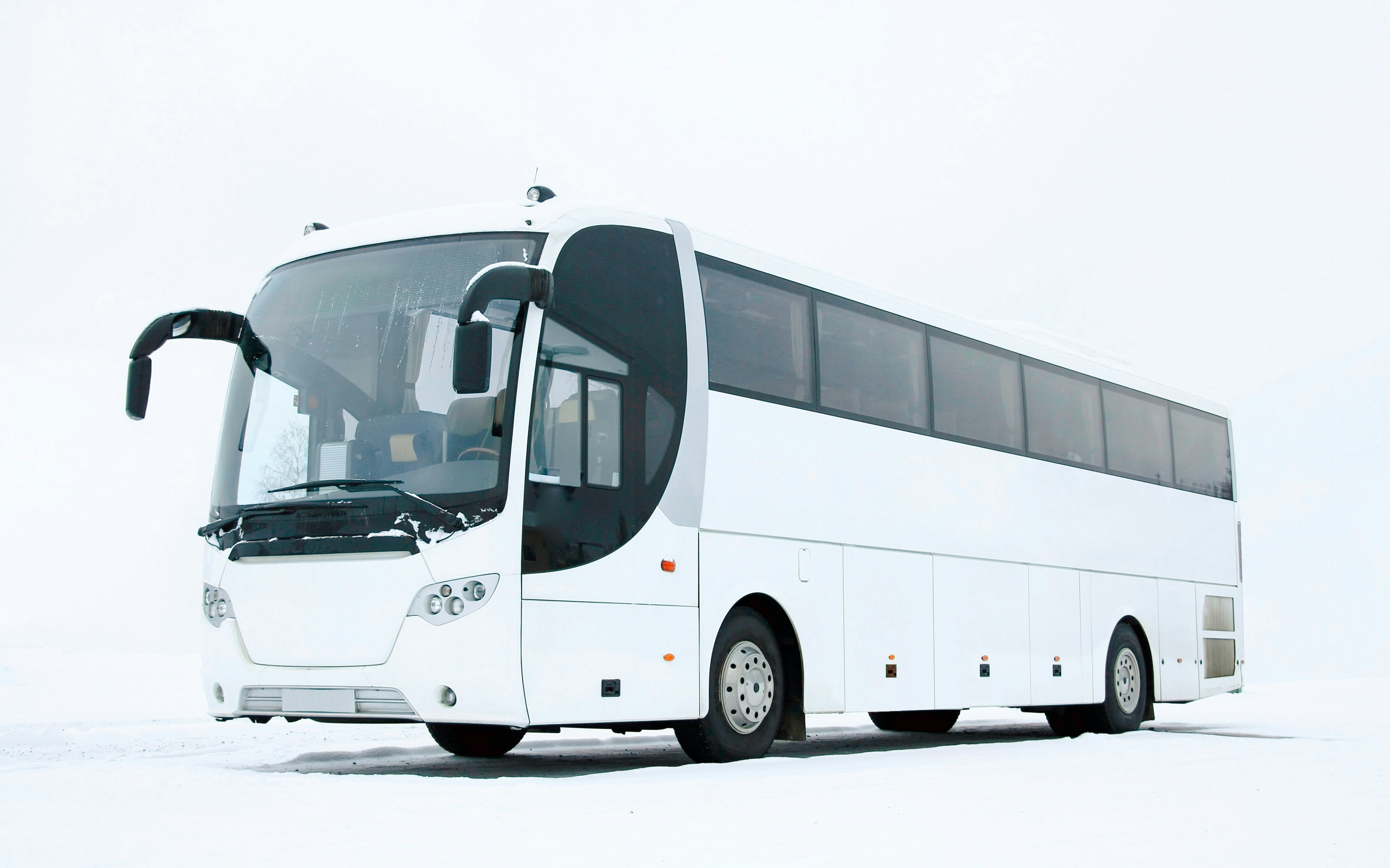 White bus parked on snowy winter road.