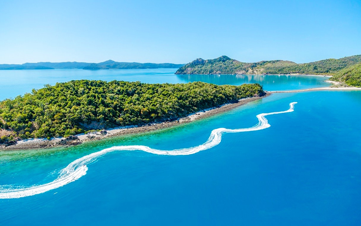 Aerial view of jetski trails near lush island in Whitsundays, Australia.
