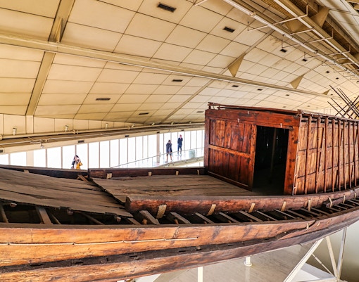 Ancient Egyptian solar boat displayed in the Giza Solar Boat Museum, Egypt.