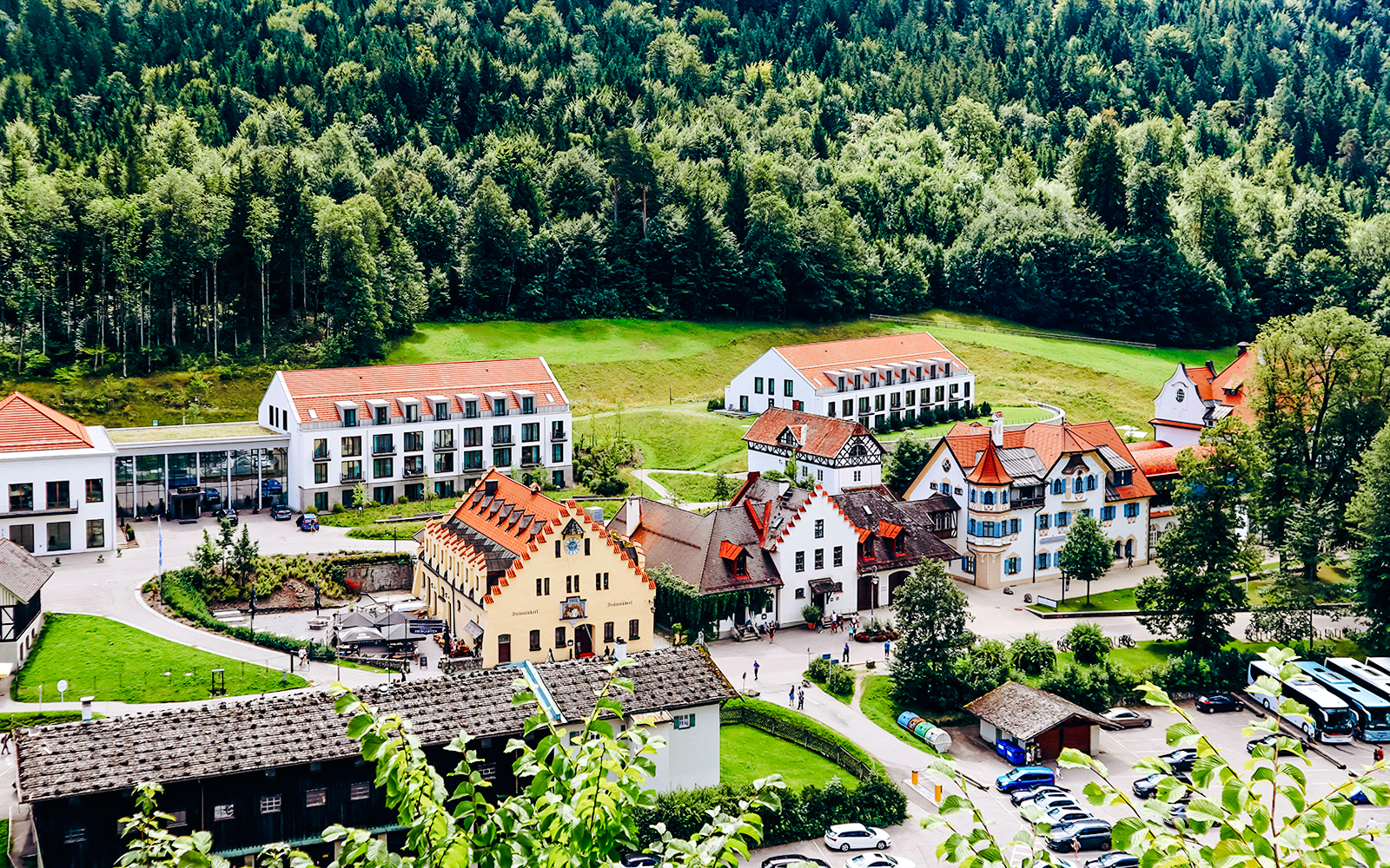 Village near Neuschwanstein Castle surrounded by forest, part of the summer tour from Munich with bike ride.