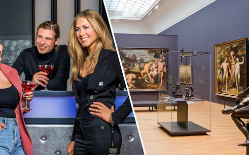 Rijksmuseum gallery with classical paintings and sculptures on display.