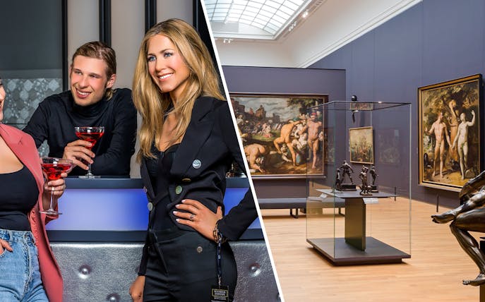 Rijksmuseum gallery with classical paintings and sculptures on display.