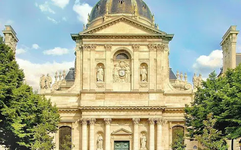 Sorbonne University facade on Saint-Germain-des-Prés and Latin Quarter tour, Paris.