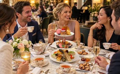Guests enjoying afternoon tea at Grand Hotel Oslo during Oslo Walking Tour.