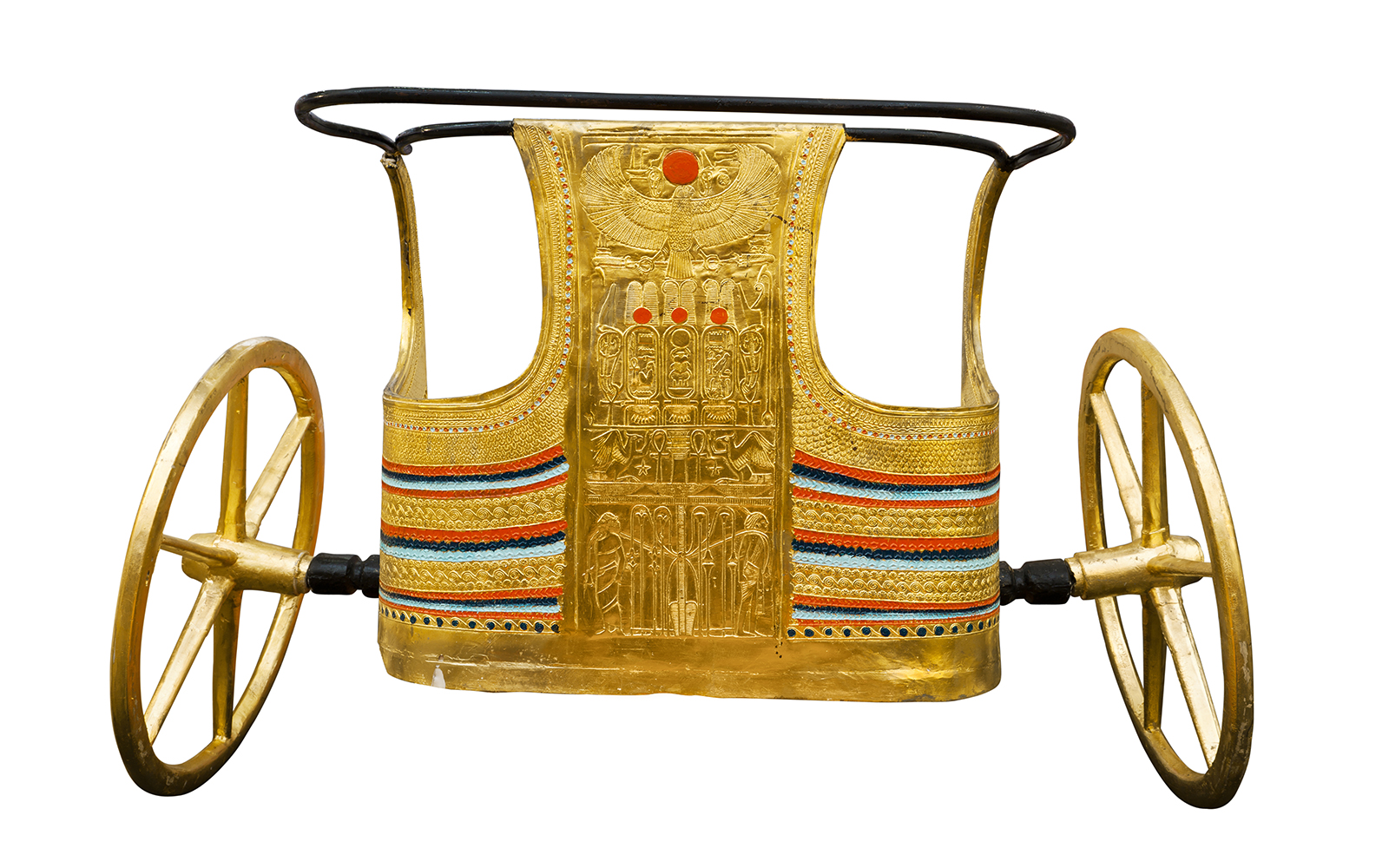 Tutankhamen's gold ceremonial chariot with intricate carvings, Grand Egyptian Museum, Cairo.