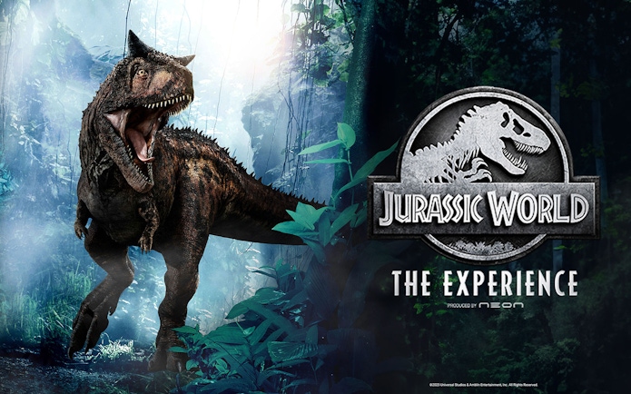 Dinosaur roaring in a jungle setting with Jurassic World: The Experience logo.