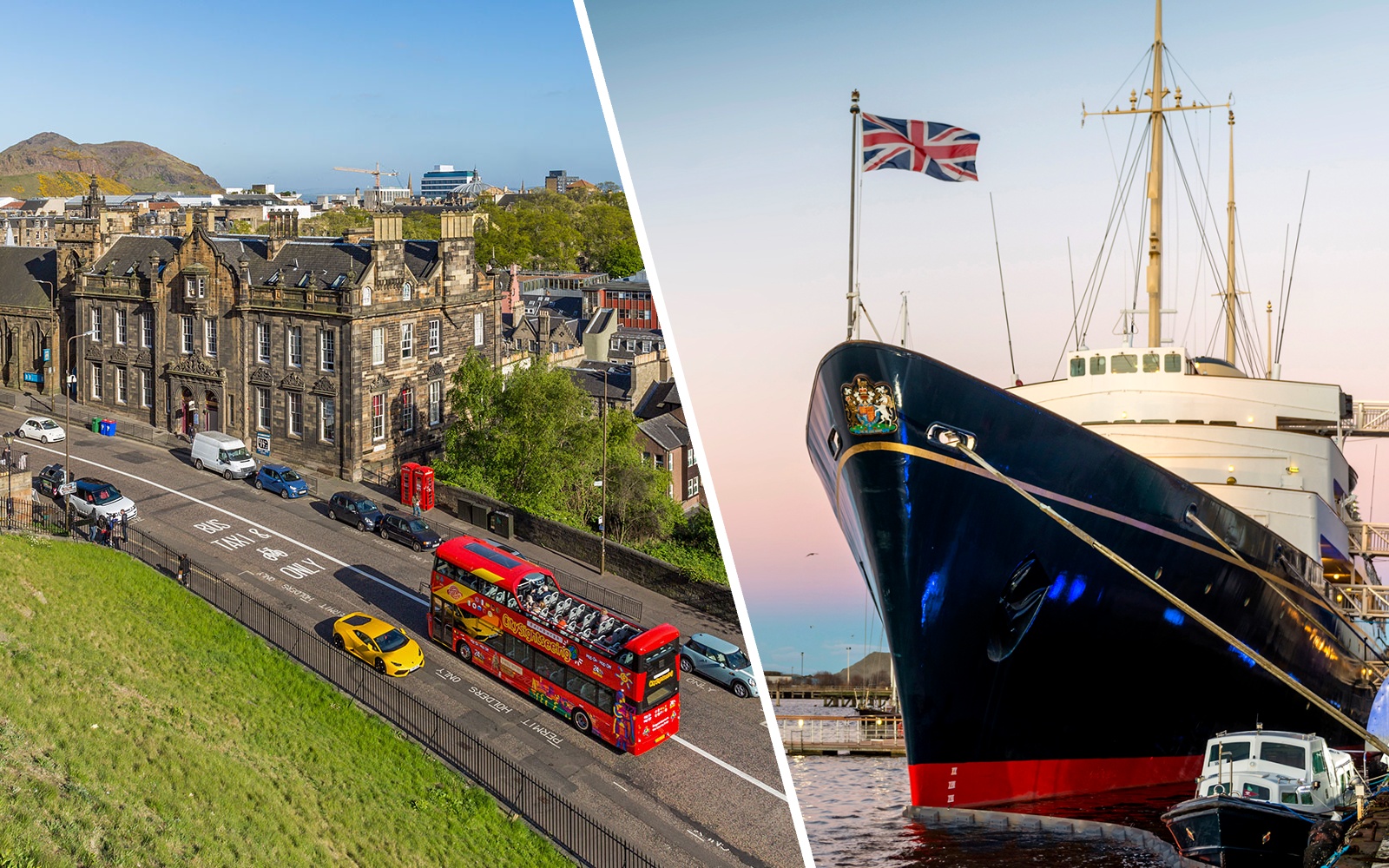 Edinburgh hop-on hop-off bus near historic buildings and Royal Yacht Britannia docked.