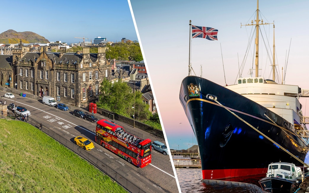 Edinburgh hop-on hop-off bus near historic buildings and Royal Yacht Britannia docked.