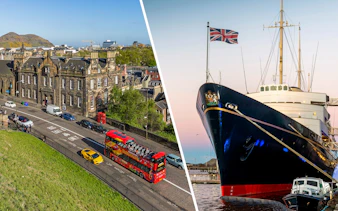 Edinburgh hop-on hop-off bus near historic buildings and Royal Yacht Britannia docked.