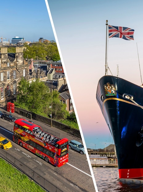Edinburgh hop-on hop-off bus near historic buildings and Royal Yacht Britannia docked.