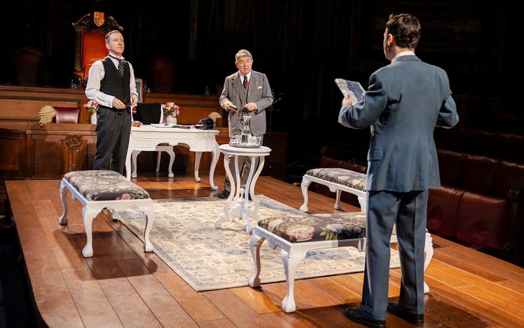 Stage scene from "Witness for the Prosecution" in West End courtroom setting.