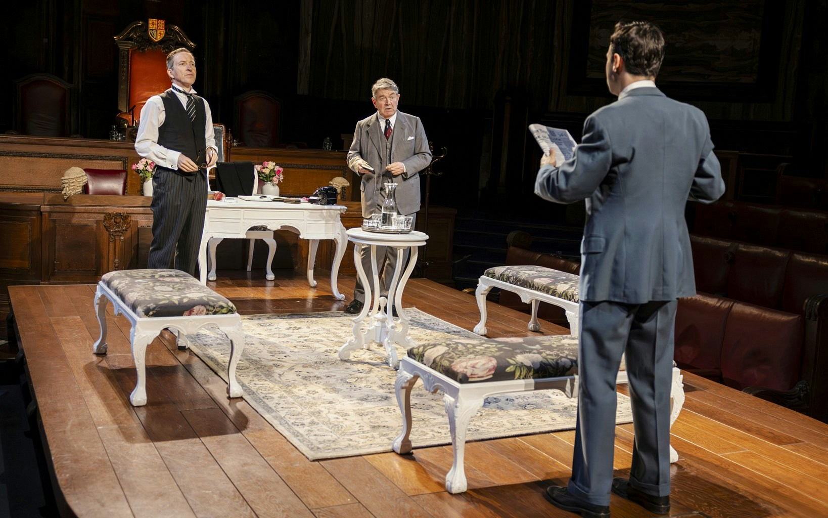 Stage scene from "Witness for the Prosecution" in West End courtroom setting.