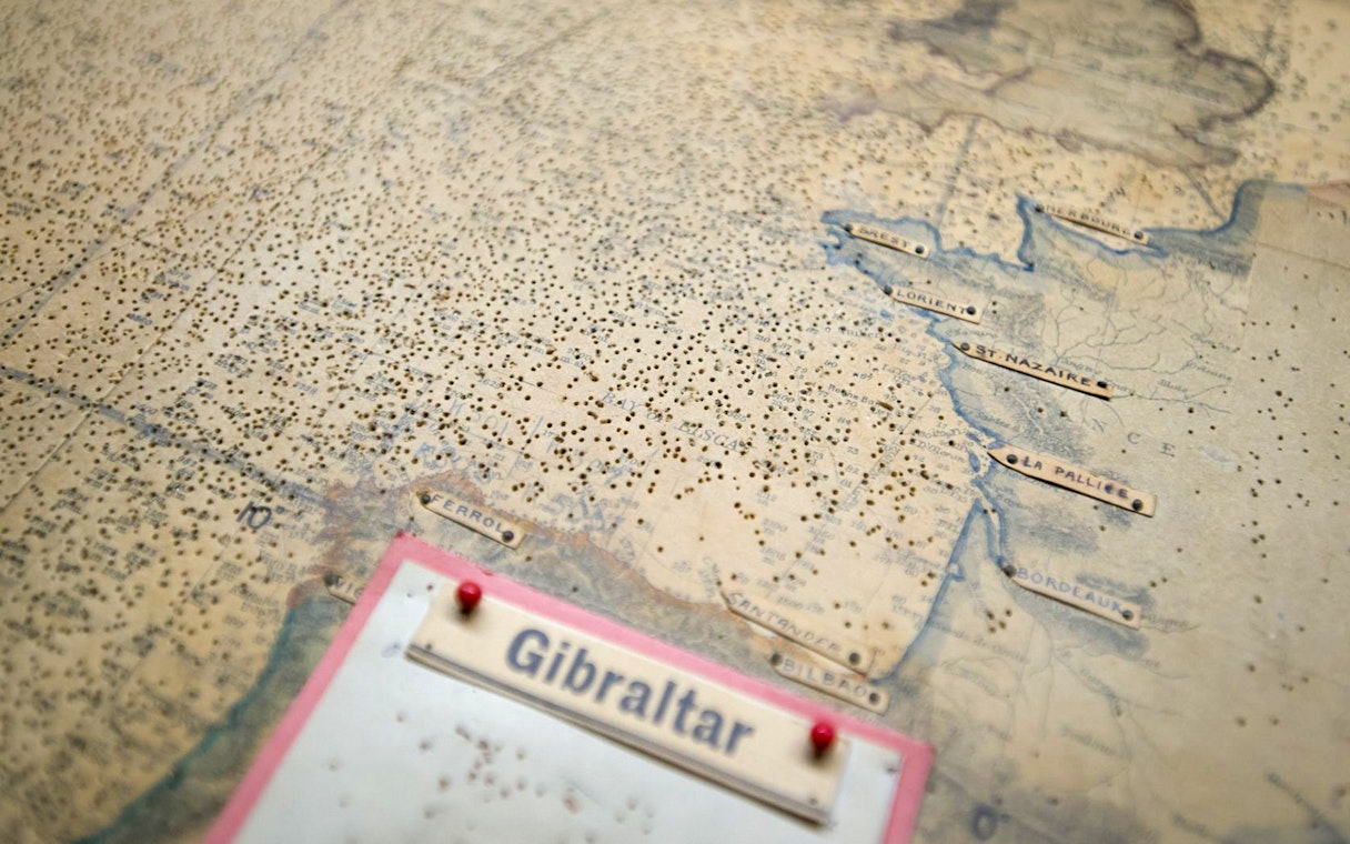 Map detail from Churchill War Rooms showing Gibraltar and French coast locations.