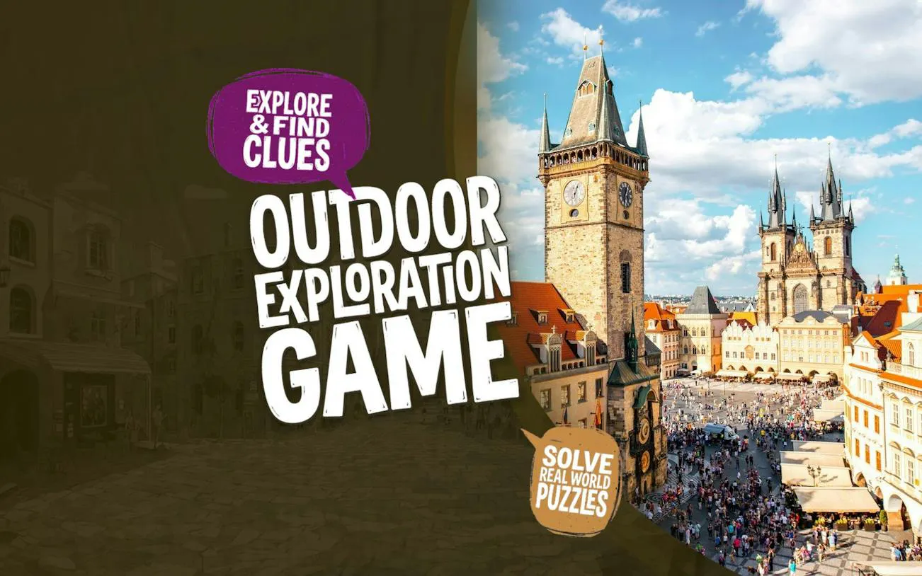 Prague Old Town Square with clock tower, part of self-guided city exploration game.