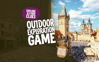 Prague Old Town Square with clock tower, part of self-guided city exploration game.