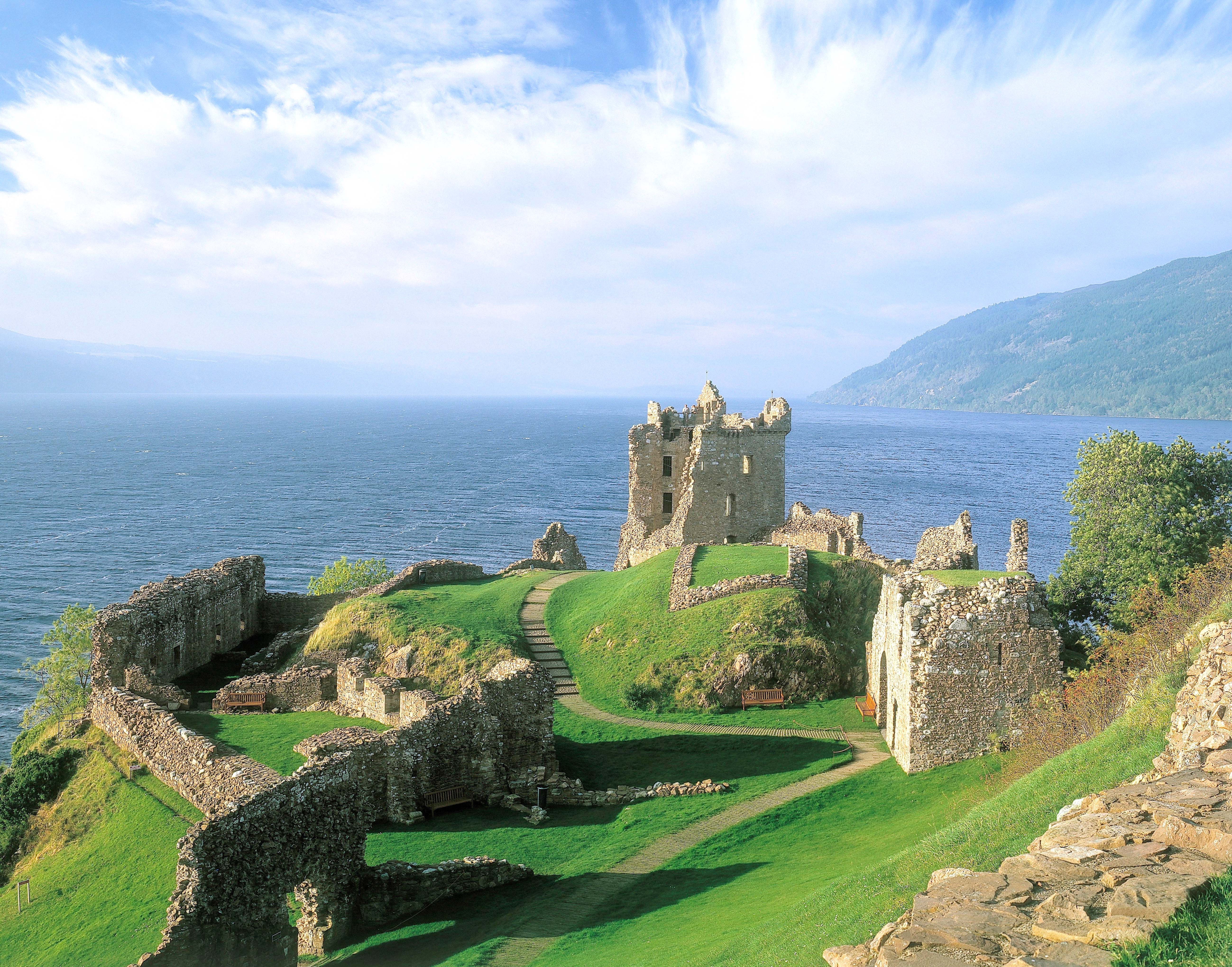 Urquhart Castle ruins overlooking Loch Ness in Scotland.