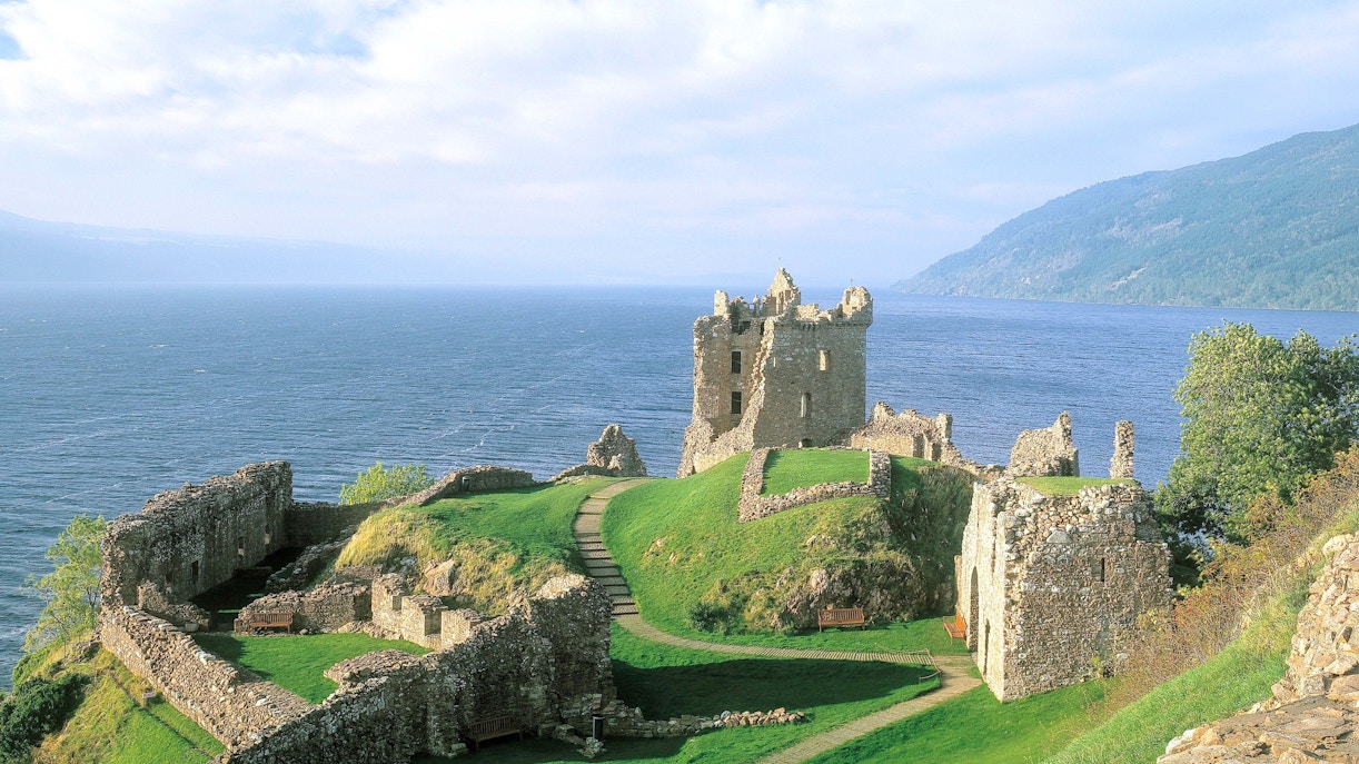 Urquhart Castle ruins overlooking Loch Ness in Scotland.