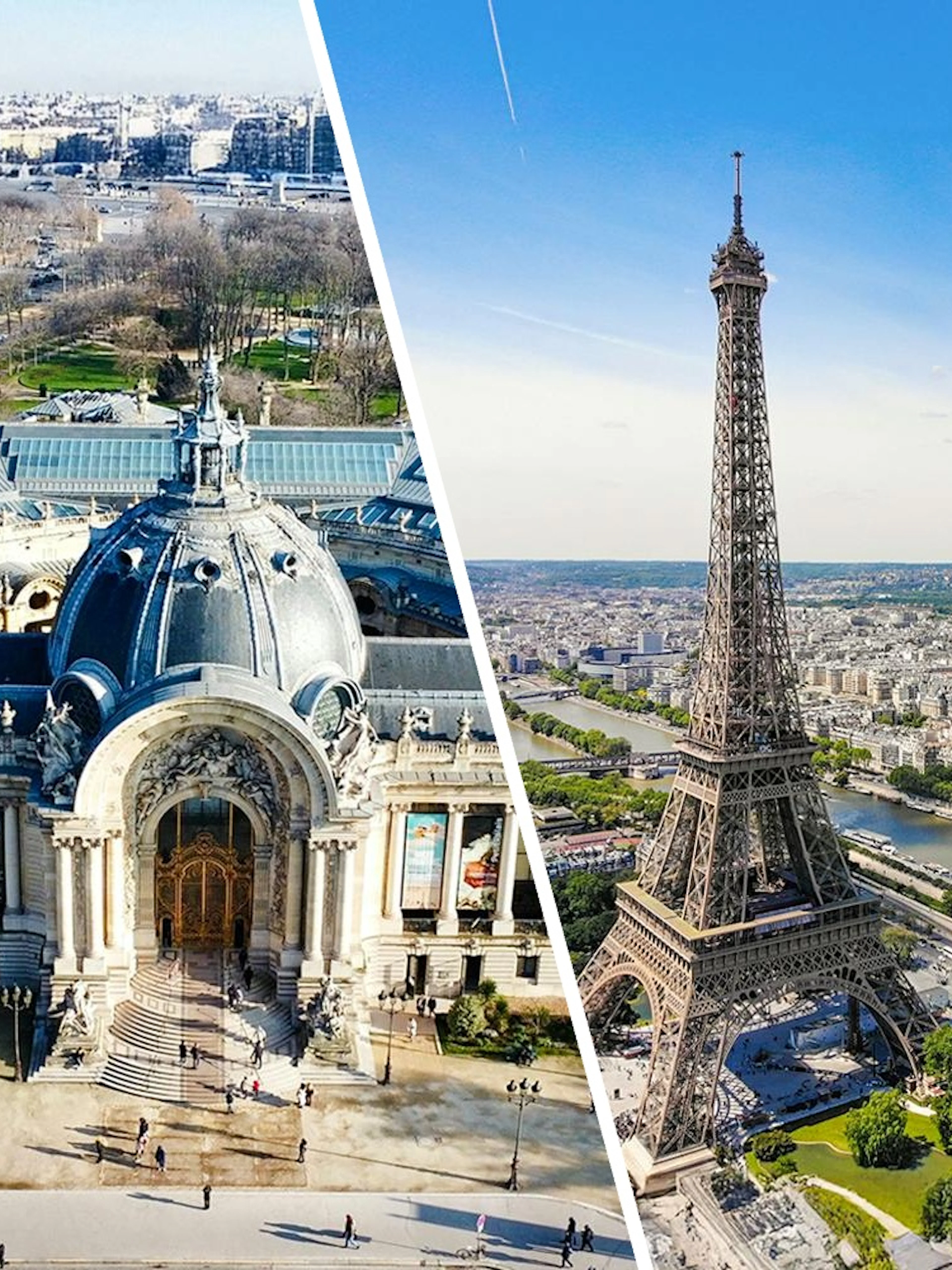 Aerial view of Petit Palais and Eiffel Tower in Paris, showcasing iconic architecture and cityscape.
