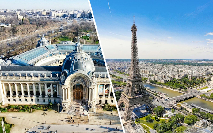 Aerial view of Petit Palais and Eiffel Tower in Paris, showcasing iconic architecture and cityscape.