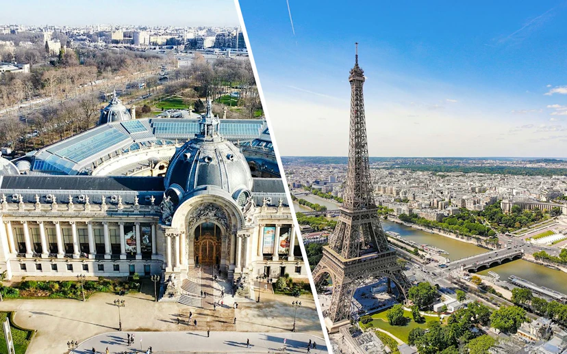 Aerial view of Petit Palais and Eiffel Tower in Paris, showcasing iconic architecture and cityscape.