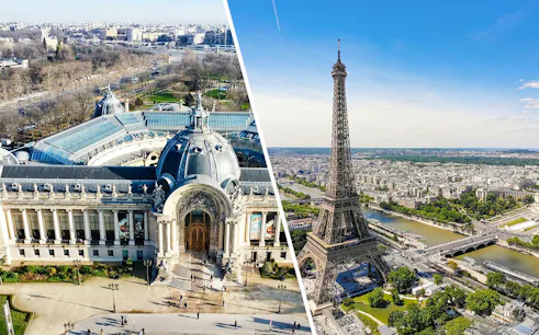 Aerial view of Petit Palais and Eiffel Tower in Paris, showcasing iconic architecture and cityscape.