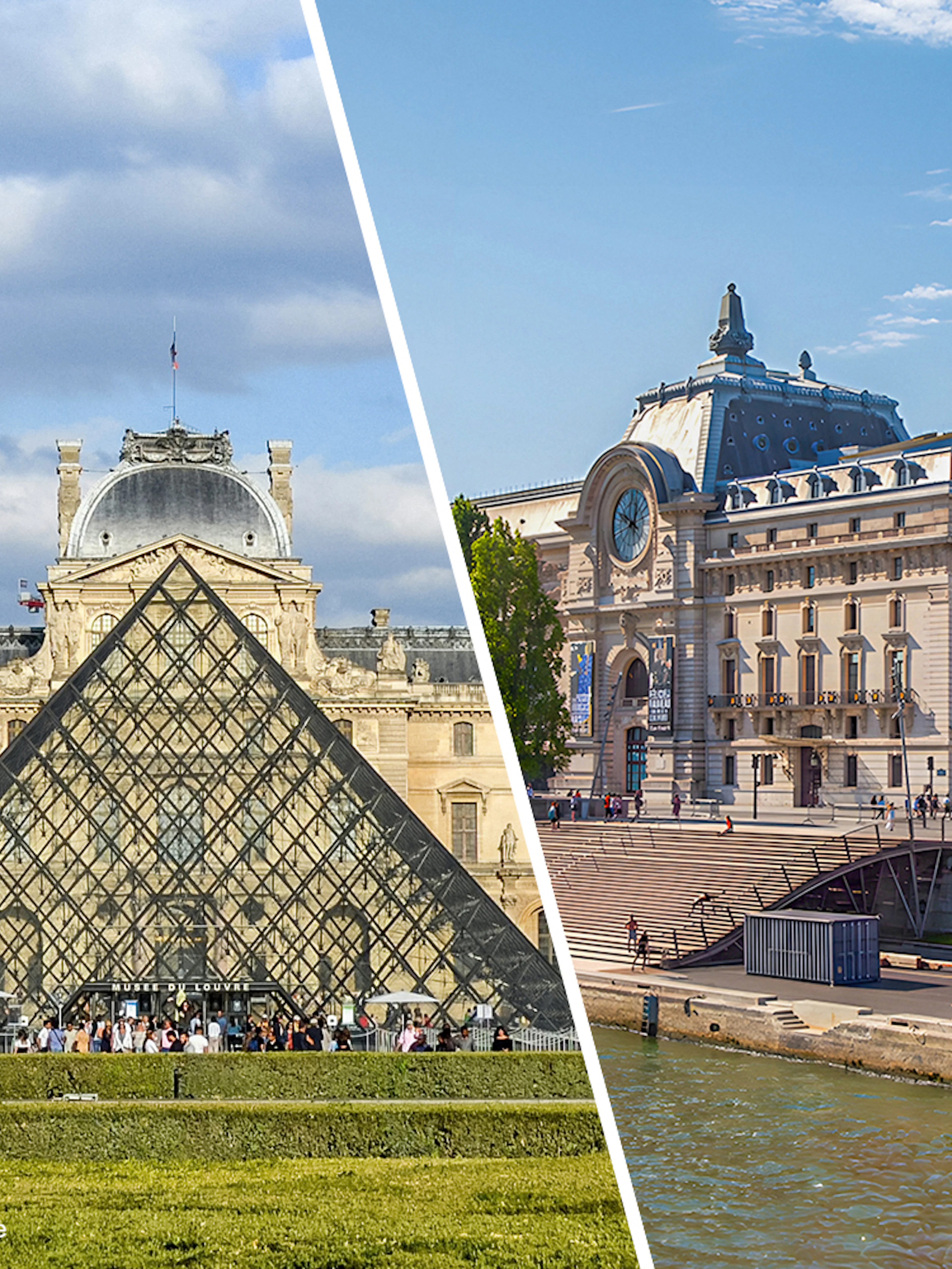 Louvre Pyramid and Orsay Museum exterior in Paris, France.