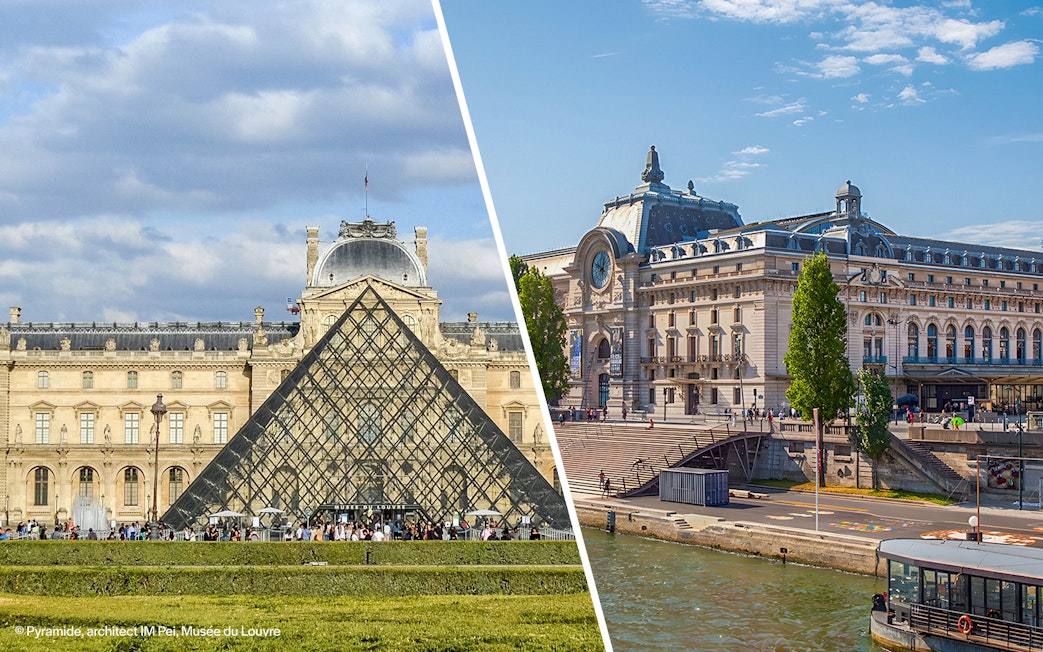 Louvre Pyramid and Orsay Museum exterior in Paris, France.